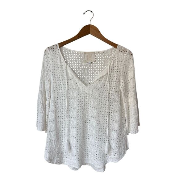 Johnny Was White Eyelet Blouse with Bell Sleeves Size XS - Picture 2 of 11